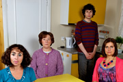 Grandma's House. Image shows from L to R: Auntie Liz (Samantha Spiro), Grandma (Linda Bassett), Simon (Simon Amstell), Tanya (Rebecca Front). Copyright: Tiger Aspect Productions