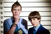 Half Moon Investigations. Image shows from L to R: Red Sharkey (Sebastian Charles), Fletcher 'Half' Moon (Rory Elrick). Copyright: BBC