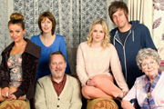 Hebburn. Image shows from L to R: Vicki (Lisa McGrillis), Pauline Pearson (Gina McKee), Joe Pearson (Vic Reeves), Sarah Pearson (Kimberley Nixon), Jack Pearson (Chris Ramsey), Dot (Pat Dunn). Copyright: Channel X North / Baby Cow Productions