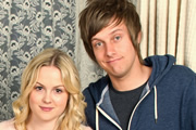 Hebburn. Image shows from L to R: Sarah Pearson (Kimberley Nixon), Jack Pearson (Chris Ramsey). Copyright: Channel X North / Baby Cow Productions