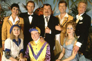 Hi-De-Hi!. Image shows from L to R: Gladys Pugh (Ruth Madoc), Peggy Ollerenshaw (Su Pollard), Sqdn-Ldr Clive Dempster DFC (David Griffin), Fred Quilly (Felix Bowness), Ted Bovis (Paul Shane), Spike Dixon (Jeffrey Holland), Yvonne Stuart-Hargreaves (Diane Holland), Barry Stuart-Hargreaves (Barry Howard). Copyright: BBC