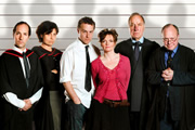 High Table, Lower Orders. Image shows from L to R: Dean (Michael Maloney), Patricia (Rebecca Front), Simon Harrison (Samuel West), Zoe Templeton (Sharon Small), Gilbert (Geoffrey Palmer), Bernard (Jonathan Coy). Copyright: BBC