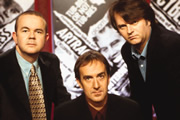 Have I Got News For You. Image shows from L to R: Ian Hislop, Angus Deayton, Paul Merton. Copyright: BBC / Hat Trick Productions