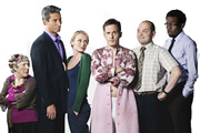 How Not To Live Your Life. Image shows from L to R: Mrs Treacher (Leila Hoffman), Brian (Silas Carson), Samantha (Laura Haddock), Don Danbury (Dan Clark), Eddie (David Armand), Jason (Daniel Lawrence Taylor). Copyright: Brown Eyed Boy