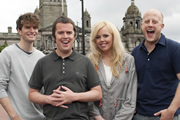 Impractical Jokers. Image shows from L to R: Joel Dommett, Paul McCaffrey, Roisin Conaty, Marek Larwood. Copyright: Yalli Productions / Shed Productions