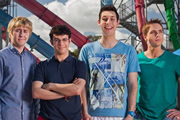 The Inbetweeners 2. Image shows from L to R: Jay Cartwright (James Buckley), Will MacKenzie (Simon Bird), Neil Sutherland (Blake Harrison), Simon Cooper (Joe Thomas). Copyright: Bwark Productions