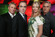 It's Going To Penalties. Image shows from L to R: Shane Warne, James Nesbitt, Jodie Kidd, David Ginola. Copyright: Objective Productions / North One Television