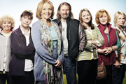 Jam & Jerusalem. Image shows from L to R: Rosie Bales (Dawn French), Tip Haddam (Pauline McLynn), Sal Vine (Sue Johnston), Jock (Clive Russell), Kate Bales (Rosie Cavaliero), Eileen Pike (Maggie Steed), Caroline Martin (Jennifer Saunders). Copyright: BBC