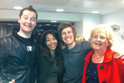 Jason Cook's Happiness HQ. Image shows from L to R: Jason Cook, Sandra Scott, Chris Ramsey, Pat Cook. Copyright: BBC