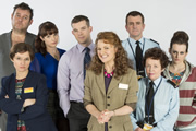 The Job Lot. Image shows from L to R: Graham (Tony Maudsley), Angela (Jo Enright), Danielle (Tamla Kari), Karl (Russell Tovey), Trish (Sarah Hadland), Janette (Angela Curran), Bryony (Sophie McShera). Copyright: Big Talk Productions