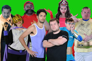 Kabadasses. Image shows from L to R: Latte (Kulvinder Ghir), Emily (Josie Long), The Marauding Moustache (Tony Jayawardena), Bobby (Shazad Latif), Vin (Jack Doolan), Shobna (Mandi Sidhu), Martin (Ian Bonar), Big Dave (Dale Meeks). Copyright: Objective Productions