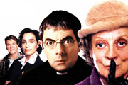 Keeping Mum. Image shows from L to R: Lance (Patrick Swayze), Gloria Goodfellow (Kristin Scott Thomas), Reverend Walter Goodfellow (Rowan Atkinson), Grace Hawkins (Maggie Smith). Copyright: Keeping Mum Productions