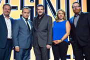 Kevin Bridges Live At.... Image shows from L to R: Hal Cruttenden, Jack Dee, Kevin Bridges, Kerry Godliman, Frankie Boyle. Copyright: Open Mike Productions