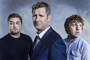 The Last Leg. Image shows from L to R: Alex Brooker, Adam Hills, Josh Widdicombe. Copyright: Open Mike Productions