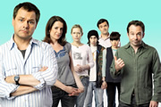 Lead Balloon. Image shows from L to R: Rick Spleen (Jack Dee), Mel (Raquel Cassidy), Magda (Anna Crilly), Ben (Rasmus Hardiker), Michael (Tony Gardner), Sam (Antonia Campbell-Hughes), Marty (Sean Power). Copyright: Open Mike Productions