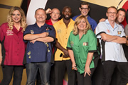 Let's Play Darts. Image shows from L to R: Roisin Conaty, Bob Mortimer, Tim Vine, Martin Offiah, Richard Osman, Liza Tarbuck, Sean Lock, Lee Mack. Copyright: Zeppotron