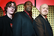 Live At The Apollo. Image shows from L to R: Ed Byrne, Lenny Henry, Andy Parsons. Copyright: Open Mike Productions