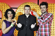 Live At The Apollo. Image shows from L to R: Shaparak Khorsandi, Kevin Bridges, Jack Whitehall. Copyright: Open Mike Productions