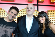 Live At The Apollo. Image shows from L to R: Danny Bhoy, Dara O Briain, Nina Conti. Copyright: Open Mike Productions