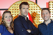 Live At The Apollo. Image shows from L to R: Kerry Godliman, Rhod Gilbert, Jon Richardson. Copyright: Open Mike Productions