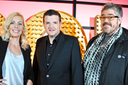 Live At The Apollo. Image shows from L to R: Sara Pascoe, Kevin Bridges, Phill Jupitus. Copyright: Open Mike Productions