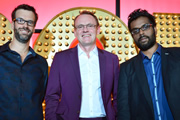 Live At The Apollo. Image shows from L to R: Marcus Brigstocke, Sean Lock, Romesh Ranganathan. Copyright: Open Mike Productions