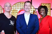 Live At The Apollo. Image shows from L to R: Terry Alderton, Adam Hills, Andi Osho. Copyright: Open Mike Productions