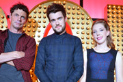 Live At The Apollo. Image shows from L to R: Rich Hall, Jack Whitehall, Katherine Ryan. Copyright: Open Mike Productions