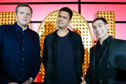 Live At The Apollo. Image shows from L to R: Miles Jupp, Danny Bhoy, Simon Brodkin. Copyright: Open Mike Productions