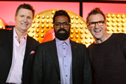 Live At The Apollo. Image shows from L to R: Stewart Francis, Romesh Ranganathan, Jason Byrne. Copyright: Open Mike Productions