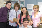 Lunch Monkeys. Image shows from L to R: Darrel Wadsworth (Chris Hannon), Kenny Graham (Christian Foster), Shelley Benson (Rachel Rae), Asif Khan (Abdullah Afzal), Tania MacGuire (Jessica Hall). Copyright: Channel K / BBC