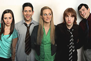 Lunch Monkeys. Image shows from L to R: Shelley Benson (Rachel Rae), Asif Khan (Abdullah Afzal), Tania MacGuire (Jessica Hall), Kenny Graham (Christian Foster), Darrel Wadsworth (Chris Hannon). Copyright: Channel K / BBC