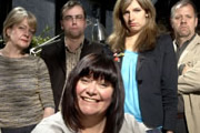 Mastering The Universe. Image shows from L to R: Sally Grace, Dan Tetsell, Professor Joy Klamp (Dawn French), Lucy Montgomery, Christopher Douglas. Copyright: BBC