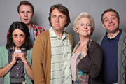 Milton Jones's House Of Rooms. Image shows from L to R: Alice (Cordelia Bugeja), Paul (Colin Hoult), Milton (Milton Jones), Milton's Mother (Susie Blake), Tony (Alexander Kirk). Copyright: Objective Productions