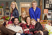 Miranda. Image shows from L to R: Tilly (Sally Phillips), Gary (Tom Ellis), Stevie (Sarah Hadland), Miranda (Miranda Hart), Penny (Patricia Hodge), Clive (James Holmes). Copyright: BBC