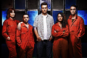 Misfits. Image shows from L to R: Abby (Natasha O'Keeffe), Finn (Nathan McMullen), Alex (Matt Stokoe), Jess (Karla Crome), Rudy (Joe Gilgun). Copyright: Clerkenwell Films