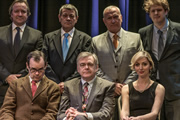 The Missing Hancocks. Image shows from L to R: Neil Pearson, Bill Kerr (Kevin Eldon), Kenneth Williams (Robin Sebastian), Tony Hancock (Kevin McNally), Sid James (Simon Greenall), Andrée Melly (Susy Kane), Ed Morrish. Copyright: BBC