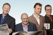 Mock The Week. Image shows from L to R: Rory Bremner, Dara O Briain, Hugh Dennis, Frankie Boyle. Copyright: Angst Productions