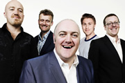 Mock The Week. Image shows from L to R: Andy Parsons, Hugh Dennis, Dara O Briain, Russell Howard, Frankie Boyle. Copyright: Angst Productions