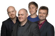 Mock The Week. Image shows from L to R: Andy Parsons, Dara O Briain, Russell Howard, Hugh Dennis. Copyright: Angst Productions
