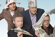 Mock The Week. Image shows from L to R: Hugh Dennis, Rory Bremner, Dara O Briain, Frankie Boyle. Copyright: Angst Productions