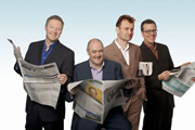 Mock The Week. Image shows from L to R: Rory Bremner, Dara O Briain, Hugh Dennis, Frankie Boyle. Copyright: Angst Productions