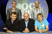 Mock The Week. Image shows from L to R: Frankie Boyle, Hugh Dennis, Dara O Briain, Andy Parsons, Russell Howard. Copyright: Angst Productions