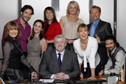 Monday Monday. Image shows from L to R: Alyson Cartmell (Holly Aird), Steven (Tom Ellis), Sally (Morven Christie), Christine Frances (Fay Ripley), Roger Sorsby (Peter Wight), Natasha (Laura Haddock), Jenny Mountfield (Jenny Agutter), Max Chambers (Neil Stuke), Vince (Saikat Ahamed). Copyright: TalkbackThames