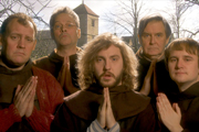 Monks. Image shows from L to R: Brother Bernard (Justin Edwards), Brother Francis (Mark Heap), Brother Gary Woodcroft (Seann Walsh), Father Abbot (James Fleet), Brother Dominic (Fergus Craig). Copyright: BBC