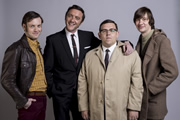 Mr. Sloane. Image shows from L to R: Reggie (Brendan Patricks), Ross (Peter Serafinowicz), Mr Sloane (Nick Frost), Beans (Lawry Lewin). Copyright: Whyaduck Productions / Big Talk Productions