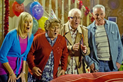 Mrs. Brown's Boys. Image shows from L to R: Cathy Brown (Jennifer Gibney), Agnes Brown (Brendan O'Carroll), Rory Brown (Rory Cowan), Mark Brown (Pat Shields). Copyright: BBC / BocPix