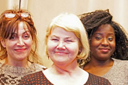 Mrs Pickwick's Papers. Image shows from L to R: Tracy Tupman (Jane Slavin), Mrs Pickwick (Annette Badland), Sam Weller (Susan Wokoma). Copyright: BBC