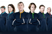 My First Planet. Image shows from L to R: Richard (John Dorney), Carol (Cariad Lloyd), Brian (Nicholas Lyndhurst), Lillian (Vicki Pepperdine), Mason (Tom Goodman-Hill), Archer (Phil Whelans). Copyright: Pozzitive Productions