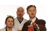 Nebulous. Image shows from L to R: Paula Breeze (Rosie Cavaliero), Rory Lawson (Graham Duff), Professor Nebulous (Mark Gatiss). Copyright: BBC / Baby Cow Productions